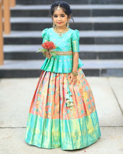 Kids lehangas Lehenga Design For Kids Girl, Pattu Langa For Baby Girl, Kids Langa Jacket Designs, Pattu Langa Designs For Kids, Latest Pattu Pavadai Designs, Pattu Pavadai Designs For Teenagers, Pavadai Sattai Designs Kids, Lehenga Blouse Designs For Kids, Pattu Pavadai Designs For Kids