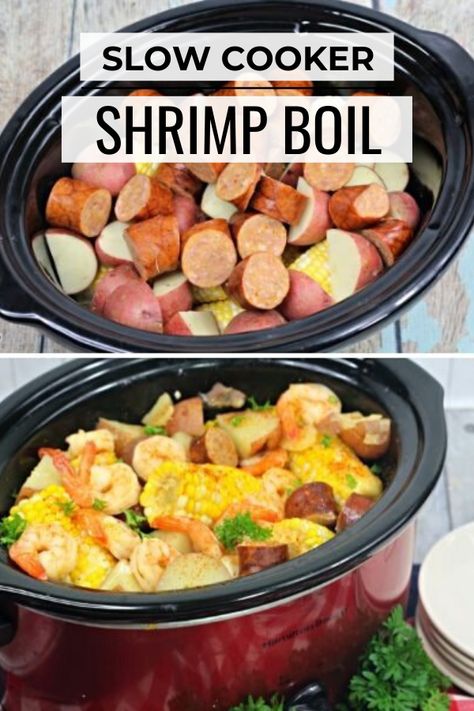 Country Boil Crock Pot, Crockpot Meals With Shrimp, Easy Summer Crockpot Meals Healthy, Crock Pot Beach Meals, Crock Pot Low Country Boil, Shrimp And Sausage Crockpot Recipes, Shrimp Boil Crockpot Slow Cooker, Easy Pescatarian Recipes Crock Pot, Seafood Crockpot Recipes Slow Cooker