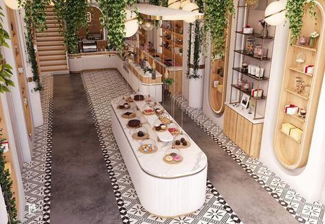 Chocolate Cafe Interior Design, Sea Cafe Design, Luxury Patisserie Interior, Luxury Chocolate Shop Interior Design, Curved Cafe Counter, Cafe Architecture, Cake Shop Interior, Chocolate Store Design, Cafe Design Inspiration