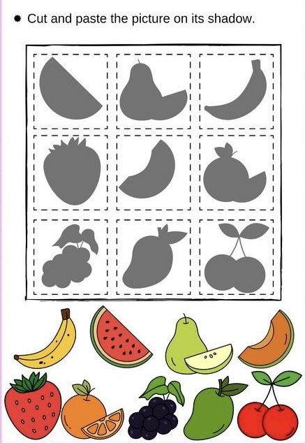 Fruit Matching Printable, Fruits And Veggies Activities Preschool, Cut And Paste Activities Preschool, Fruits Worksheets For Kids, Cut And Paste Worksheets Preschool, Fruits Activities For Preschool, Cut And Paste Activities For Kids, Fruits Activity, Skills For Preschoolers