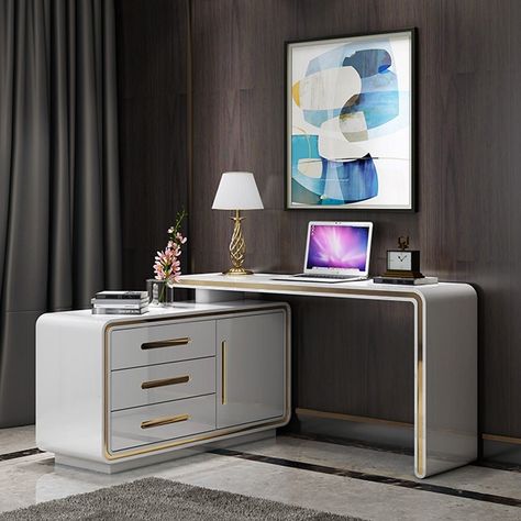 Workspaces Design, White L Shaped Desk, Desk Corner, Study Table Designs, File Cabinet Desk, White Desk Office, Modern Computer Desk, Corner Computer Desk, Contemporary Home Office