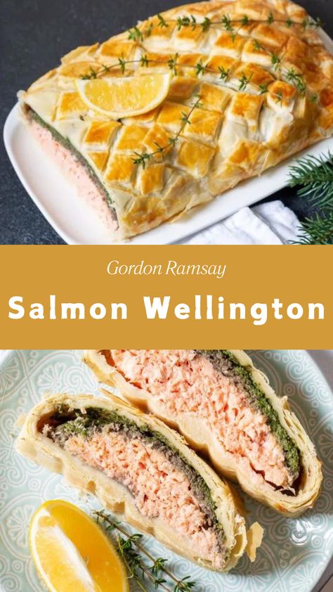 Gordon Ramsay Salmon Wellington Salmon With Puff Pastry, Salmon Wellington Recipe Gordon Ramsay, Gordon Ramsay Salmon, Salmon Puff Pastry, Salmon In Puff Pastry, Salmon Wellington Recipe, Gordon Ramsay Dishes, Salmon Puffs, Salmon Bake