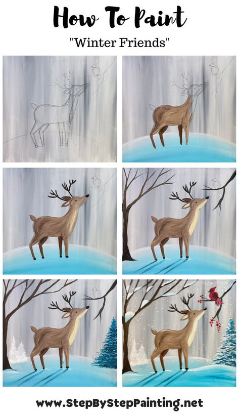 "Winter Friends" Acrylic Painting Tutorial Friends Acrylic Painting, Bird Painting Acrylic, Canvas Painting For Beginners, Winter Friends, Christmas Canvas Art, Deer Painting, Christmas Paintings On Canvas, Creation Art, Painting For Beginners