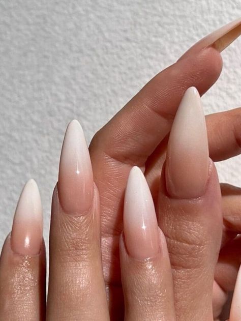 Nude ombre nails in long stilettos Neutral Pointy Nails, Elegant Almond Nails Classy Ombre, Classy Nude Nails Almond, Nude Ombre Nails Almond, Long Almond Nails Designs Classy, Elegant Almond Nails Classy, Classy Nude Nail Designs, Almond Nails Elegant, Almond Nails Classy