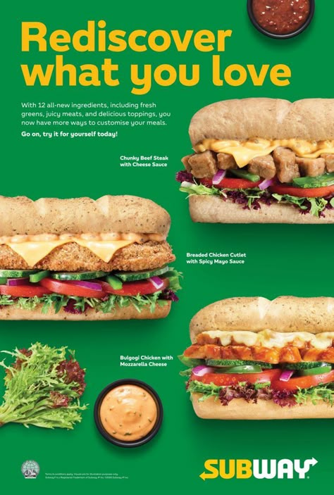 Subway Food Photography, Subway Menu Sandwiches, New Menu Launch Poster, Sandwich Menu Design, Free Food On Your Birthday, Subway Menu, Subway Design, Sandwich Menu, Breaded Chicken Cutlets