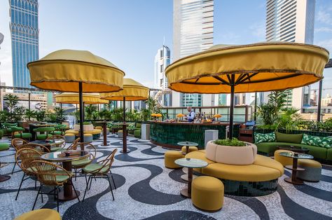 Amazonico Dubai, Rooftop Restaurant Design, Roof Terrace Design, Outdoor Restaurant Design, Terrace Ideas, Terrace Restaurant, Rooftop Design, Cafe Terrace, Interior Fit Out