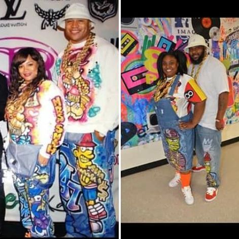 90s Airbrush Outfits Overalls, Couples 90s Party Outfits, 90s Theme Party Outfit Couples, 90s Theme Party Outfit Black Women, Back To The 90s Party Outfit, 90 Theme Party Outfit, 90s Theme Party Outfit Women, Airbrush Fashion, 80s Hiphop