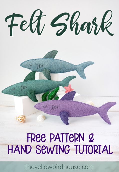 Easy DIY felt shark sewing tutorial and free printable pattern. Use this pattern to make sharks for a garland or mobile for a nursery. Beginner friendly sewing tutorial for felt animals. Adorably charming little DIY felt sharks for little people to play with. Shark Sewing Pattern, Shark Sewing, Felt Patterns Free, Felt Animal Pattern, Easy Felt Crafts, Felt Fish, Felt Toys Patterns, Felt Animal Patterns, Baby Mobil