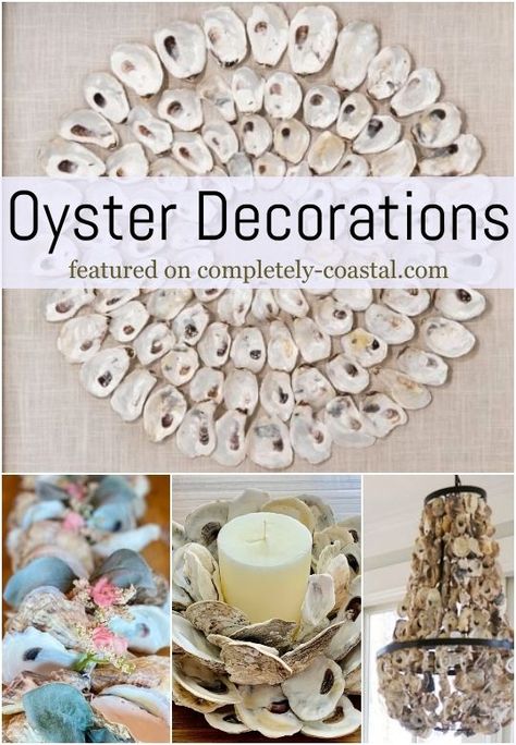 Oyster Decorations | Shop Oyster Shell Decor & Get DIY Craft Ideas Oyster Shells Diy Projects, Large Oyster Shell Decor, Oyster Home Decor, Oyster Shell Pineapple Diy, Things To Make With Oyster Shells, What To Do With Oyster Shells, Oyster Shell Tree Diy, Oyster Shell Wreath Diy, How To Make Oyster Shell Wine Stoppers