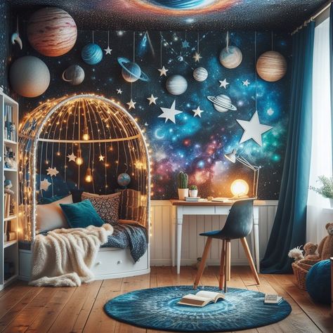 Teen Space Bedroom, Girl Space Room, Girls Space Themed Bedroom, Girls Space Bedroom, Themed Room Ideas, Space Playroom, Galaxy Nursery, Galaxy Bedroom, Eclectic Kids Room