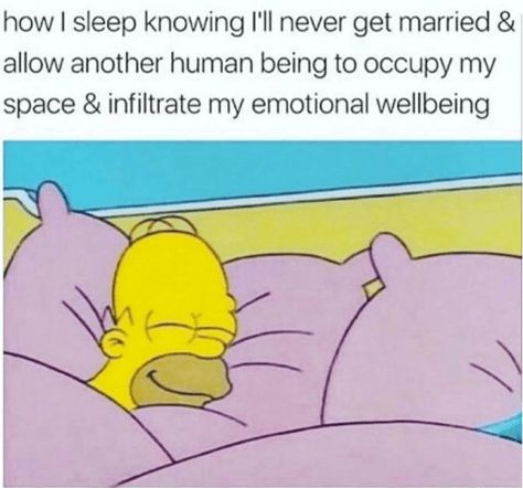 awesome meme about staying single forever with pic of Homer Simpson sleeping alone peacefully #sleep #sleep #meme Quotes Sleep, Funny Single, Single Quotes, Memes Funny, The Simpsons, Sleep, Humor, Human, Bed