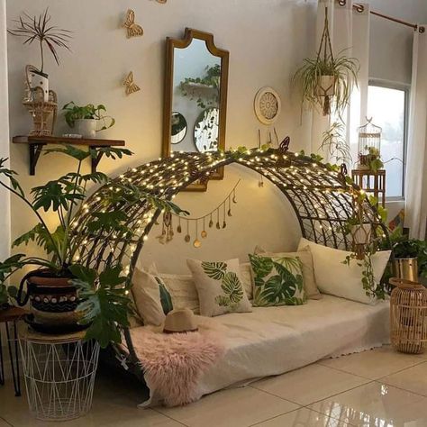 Fantasy Garden Bedroom, Low Budget Cottage Ideas, Fairy Cottagecore Room, Faerie Cottage Aesthetic, Boho Modern Room Ideas, Cottagecore Closet Ideas, Fairycore Living Room Aesthetic, Fun House Design, Bedroom Inspirations Earthy