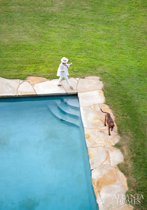 Mr. Summerour’s Sunflowers - Atlanta Homes and Lifestyles Pool And Grass Landscaping, Fresco, Stone Pool Coping, Garden Pools, Stone Edge, Atlanta Homes And Lifestyles, Pool House Designs, Stone Pool, Backyard Renovations