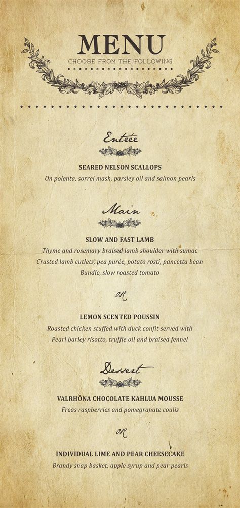 Vintage Menu Fancy Menu Design, Fennel Dessert, Dresser Stencil, French Dinner Menu, Braised Lamb Shoulder, Bistro Decor, Fine Dining Menu, Brandy Snaps, Valrhona Chocolate