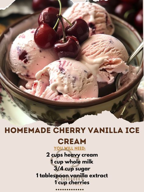 🍒 Dive into the sweet pleasure of Homemade Cherry Vanilla Ice Cream, a perfect treat for any day! 🍒 🍴 Homemade Cherry Vanilla Ice Cream 🛒 Ingredients: 2 cups heavy cream 1 cup whole milk 3/4 cup sugar 1 tablespoon vanilla extract 1 cup cherries, pitted and chopped 👩‍🍳 Instructions: Mix Base: Combine cream, milk, sugar, and vanilla in a bowl. Stir until sugar dissolves. Churn: Pour into an ice cream maker, churn according to manufacturer's instructions. Add Cherries: Halfway through churni... Black Cherry Ice Cream Homemade, Cherry Vanilla Ice Cream, Cherry Ice Cream Recipe, Frozen Pudding, Cherry Ice Cream, Pudding Ice Cream, Cherry Vanilla, Food Inspired, Ceramic Frogs