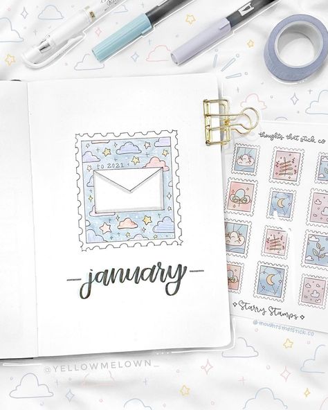 melanie’s bujo ☺︎︎ on Instagram: “finally here: my jan cover!! this is the first monthly cover this year and it’s stamp/mail themed! ⁣ this was a theme where i had a really…” Bujo Monthly Cover, Journal Setup Ideas, January Lettering, Monthly Bujo, Bullet Journal Calendrier, Artist Hue, Minimalist Bullet Journal, January Bullet Journal, Bullet Journal Setup