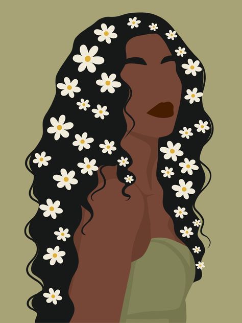 A printable graphic of a confident woman with daisy-esq flowers in her hair. Graphic Prints Art, Black Woman Clipart, Latina Drawing Art, Woman Flower Illustration, Flower Hair Painting, Flowers In Hair Drawing, Black Woman Art Drawings, Afro Line Art, Drawing Black Hair