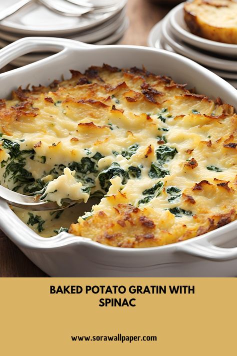 Baked potato gratin with spinach is a delightful and savory dish that combines the creaminess of potatoes with the rich flavors of spinach and cheese. This Spinach And Potato Recipes, Appetizer Recipes Cold, Spinach Gratin, Butter Recipes Homemade, Spinach Bake, Apple Recipes Easy, Potato Recipes Side Dishes, Potato Gratin, Potato Side Dishes