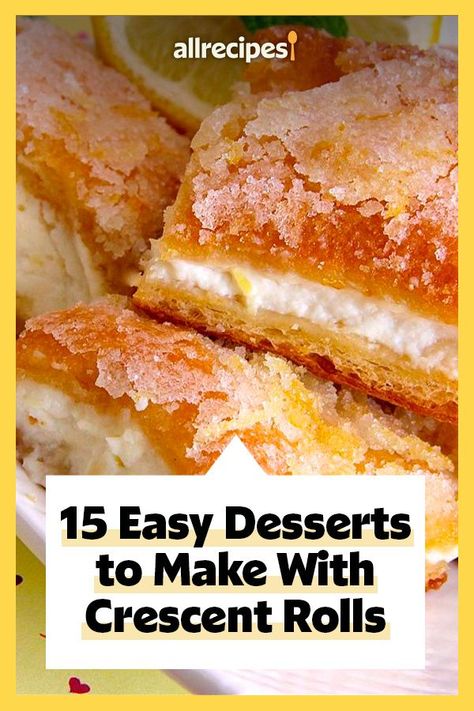 15 Easy Desserts to Make With Crescent Rolls | "These easy and delicious desserts share one incredibly versatile ingredient: a can of refrigerated crescent rolls." #dessertrecipes #dessertideas #sweettreats Pillsbury Dough Desserts, Sweets With Crescent Rolls, Pie, Easy Desserts Using Crescent Rolls, Pillsbury Crescent Sheet Recipes Desserts, Uses For Crescent Rolls, Crescent Roll Dessert Ideas, Dessert Recipes With Crescent Roll Dough, Pillsbury Dessert Recipes Easy