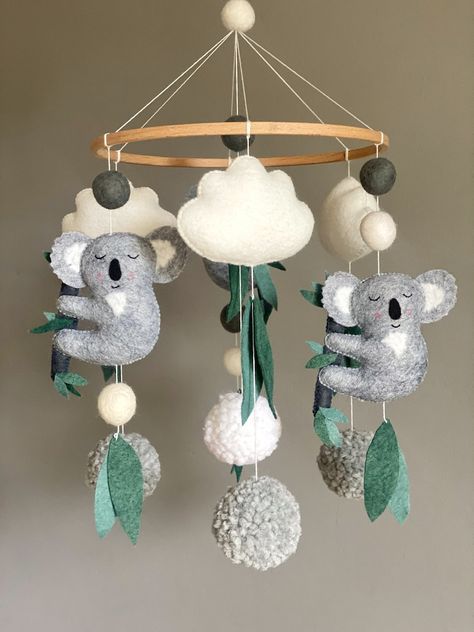 Pom Pom Cloud, Koala Bear Baby, Australian Animal Nursery, Australian Nursery, Koala Nursery, Felt Pom Pom, Animal Mobile, Felt Baby Mobile, Pink Gift Wrap