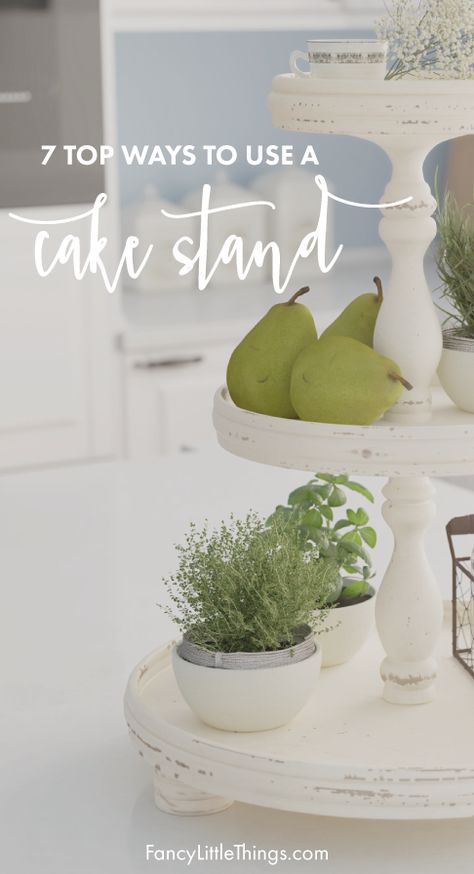 Repurposed Cake Stand, 3 Tier Dessert Stand Ideas, Cake Plate Decor Display Kitchen, Cake Dish Decor Ideas, How To Decorate A Cake Stand, Small Cake Stand Decor Ideas, Cake Stand Decor Ideas Display, Kitchen Sink Counter Decor, Decorating With Cake Stands