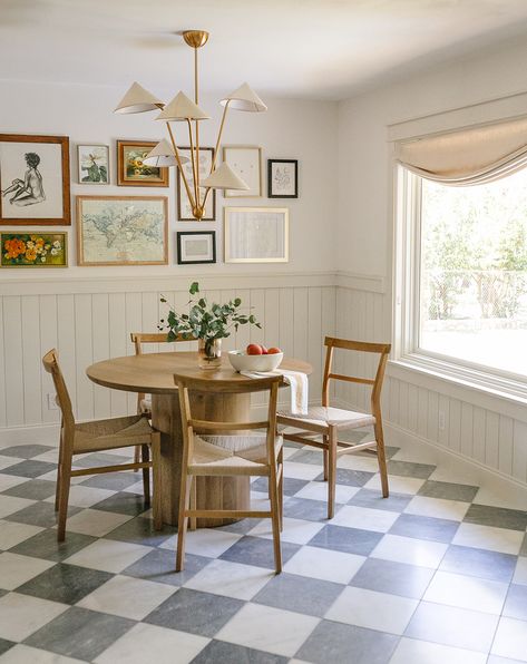 Tile In Dining Room, Cottagecore Dining Table, Vermont Dollhouse, Tile Dining Room, Checkered Kitchen Floor, Circle Kitchen Table, Country Living Kitchen, Checkered Floor Kitchen, Charming Dining Room