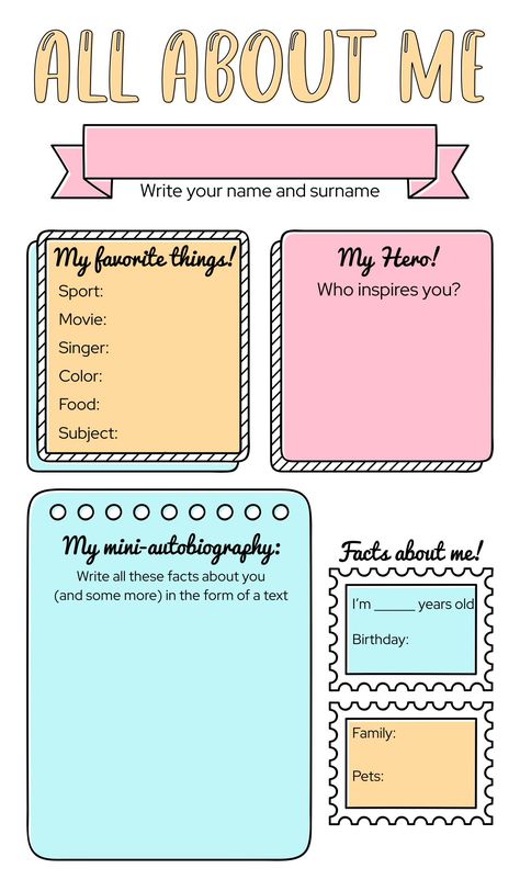 All About Me For Adults, Slambook Templates Printable, Teen Bible Study Lessons, All About Me Questions, Printable All About Me, Free School Printables, All About Me Project, Teen Bible Study, All About Me Poster