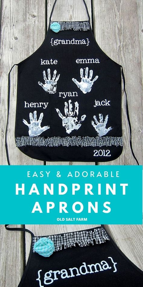 Handprint Aprons | Mother's Day Gift Idea: Make these easy and adorable aprons for moms, grandmas, and any other moms in your life! #handprintprojects #handprintcrafts #craftideas #kidscrafts #mothersdayideas #mothersdaygifts #mothersdaygiftideas #easygiftideas #giftsforgrandma #paintprojects #crafting #diyaprons #easyaprons #silhouetteprojects #silhouettecameo Diy Christmas Gifts For Kids, Mother's Day Printables, Diy Apron, Homeschool Crafts, Craft Apron, Gifts For Moms, Mothers Day Crafts For Kids, Handprint Crafts, Personalized Aprons