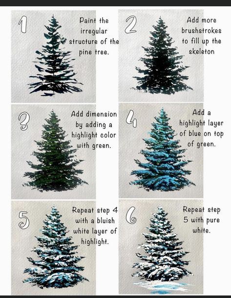 Paint Christmas Tree, Trees Tutorial, Filbert Brush, Snowy Pine Trees, Pine Tree Painting, Paint Christmas, Urs Polar, Painting Snow, Fan Brush