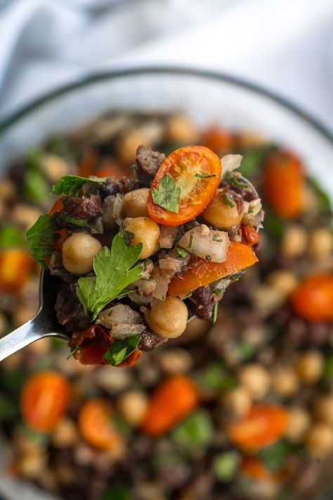 Balela Salad Vertical (9 of 12) Balela Salad, Salad Chickpeas, Cooking Panda, Black Bean Salad, 12 Tomatoes, Chickpea Salad, Bean Salad, Middle Eastern Recipes, Trader Joe's