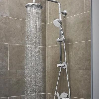 Vitalio 5-spray 7 in. Dual Shower Head and Handheld Shower Head in Chrome Grohe Shower, Double Shower Heads, Bathroom Shower Heads, Double Shower, Dual Shower Heads, Master Shower, Shower Fixtures, Bathroom Remodel Shower, Rainfall Shower Head