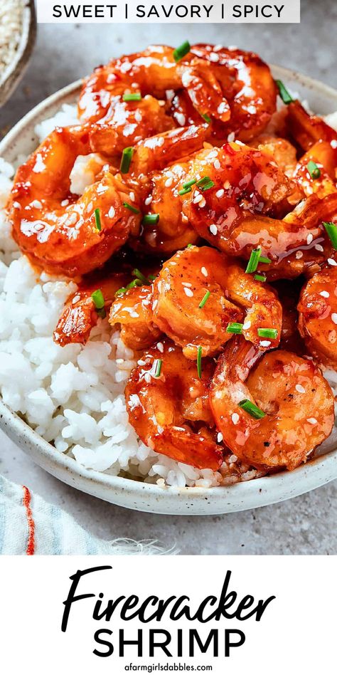 With crispy fried shrimp coated in a sticky sauce that's irresistibly sweet and savory and spicy, this Firecracker Shrimp is ready in just 30 minutes. Enjoy as an appetizer, or serve with rice as an easy weeknight family meal or a fun weekend dinner with friends! Shrimp Sauce Recipes, Crispy Fried Shrimp, Sweet And Spicy Shrimp, Firecracker Shrimp, Fried Shrimp Recipes, Sticky Sauce, Sweet And Spicy Sauce, Shrimp Dinner, Shrimp And Rice