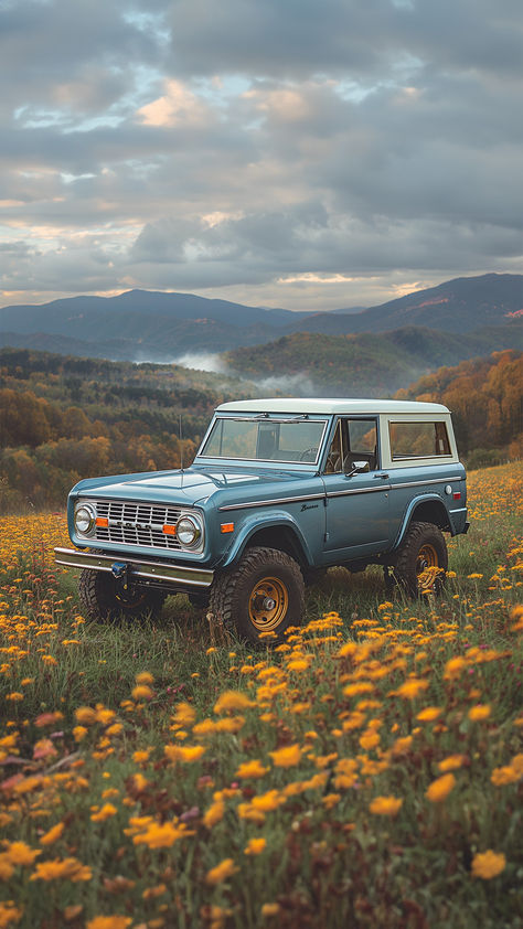 A vintage blue Ford Bronco stands in a vibrant field of yellow wildflowers, with the smoky blue hills of the Tennessee mountains rising in the background under a dramatic sky. Blue Ford Bronco, Tennessee Landscape, Broncos Wallpaper, Old Ford Bronco, Bronco Car, Old Bronco, Bronco Truck, Classic Bronco, Classic Ford Broncos