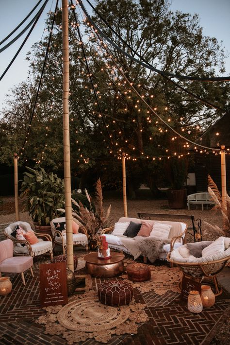 Stunning Boho Seating Area at Outdoor Wedding Dried Flower Bouquet Wedding, Blush Veil, Bouquet Photography, Boho Inspo, Outdoor Seating Area, Pampas Grass Bouquet, Festoon Lighting, Luxury Event, Flower Display