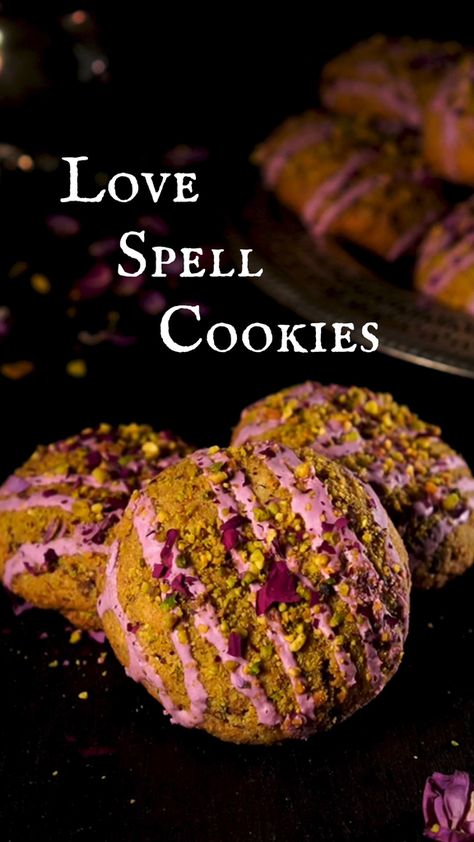 Food Spell Recipes, Love Spell Cookies Recipe, Spell Recipes Food, Witchy Party Foods, Witch Recipes Baking, Witchy Pastries, Imbolc Cookies, Witchy Baked Goods, Yule Moon Cookies