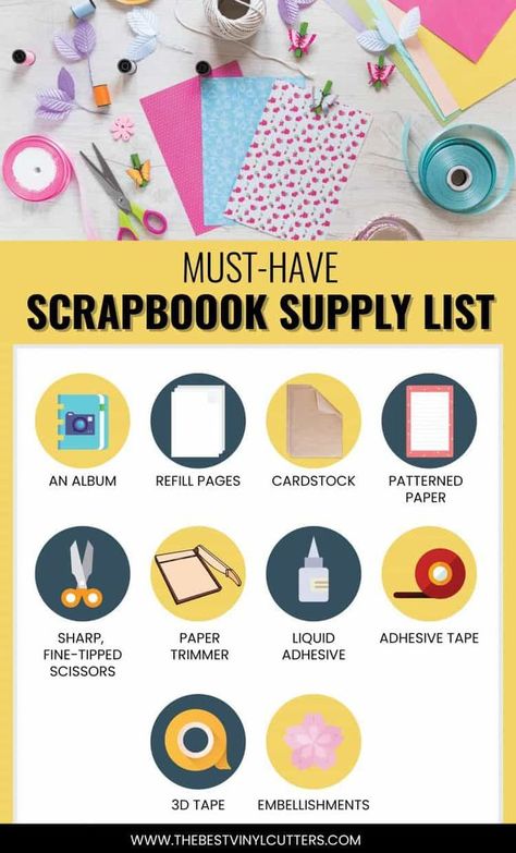 Our Handy Essential and 'Must-Have' Scrapbooking Supplies List. For all the supplies you will need to get started. We also share which Scrapbook tools we believe you should invest in. #scrapbooking #scrapbooking101 #scrapbooktools #scrapbooktips Beginner Scrapbooking Ideas Simple, Scrapbook Ideas For School Projects, Scrapbooking Supplies List, Scrapbook Tools, Scrapbooking 101, Beginner Scrapbooking, Scrapbook Fonts, Craft Closet, Scrapbooking Tools