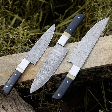 Handmade Damascus Steel 3 PCS Chef Knife set Professional Kitchen Knives Birthday Boyfriend Groomsman Anniversary Gift Housewarming Chef gif tem Description Full Length : 12-11-10"" Blade Length : 7-6-5" Handle Length : 5" #handmade Custom Kitchen Knives, Birthday Boyfriend, Handmade Chef Knife, Damascus Kitchen Knives, Chef Knife Set, Gift Housewarming, Knife Set Kitchen, Professional Kitchen, Boyfriend Birthday