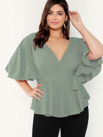 Plus Ruffle Detail Leopard Print Top | SHEIN Leopard Print Top, Wrap Blouse, Plus Dresses, Plus Size Blouses, Fashion Tops, Deep V Neck, Plus Size Tops, Flutter Sleeve, Deep V