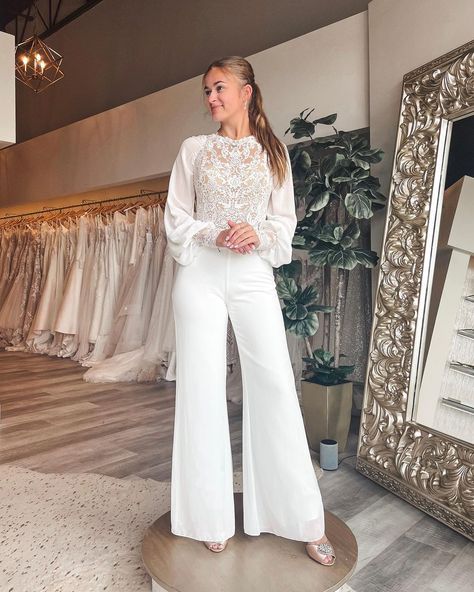 It’s a JUMPSUIT. 🤍 Only here through the rest of this week for our @libellebridal and @onestyledbride trunk show! | Instagram Jumpsuit White Wedding, White Suits For Women Engagement, Jumpsuit White Outfit, White Classy Jumpsuit, Jumpsuits For Hijab Women, Engagement Jumpsuit Hijab, Jumpsuit With Hijab, Dresses For Katb Ketab, Party Jumpsuits For Women Classy