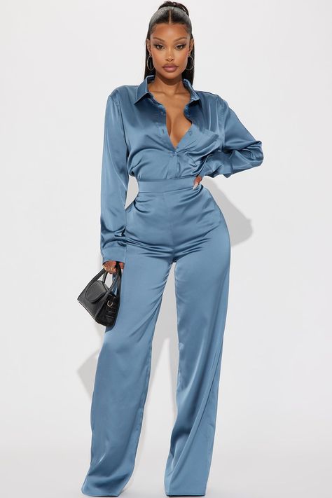 Women's Makenzie Satin Pant Set in Blue Size Medium by Fashion Nova Over Size Shirt, Satin Pant, Business Attire Women, Sheer Clothing, Metallic Pants, Satin Pants, Over Size, Wide Leg Pant, Blue Satin