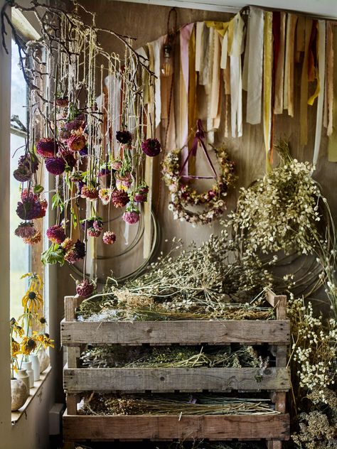 Dried Wall Hanging, Dried Flower Studio, Decorating With Dried Flowers, Dried Flower Storage Ideas, Hanging Dried Flowers Decor, Witchy Flowers, Flower Drying Rack, Hanging Dried Flowers, Branch Ideas