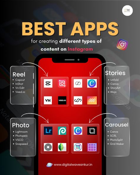 Are you struggling and searching best apps to make content on Instagram? . Ready to take your social media game to the next level? Follow @digitalwaveankur for more expert tips on digital marketing and social media management!  What's your go-to strategy for boosting engagement? Share with us in the comments below! 👇   . . . (Best Instagram Apps, Reels Editing Tools, Story Apps, Photo Editing Apps, Carousel Makers, Instagram Content Tools, Content Creation Apps, Social Media Tools, Instagram Iphone Content Creation, Social Media Marketing Content Ideas, Apps Photo Editing, Social Media Design Ideas, Reels Editing, Apps Social Media, Edit App, Social App Design, Rock Nails