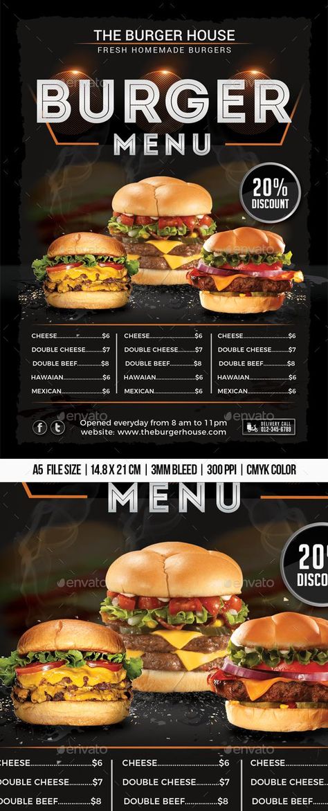 Burger Menu Flyer  #flyer #restaurant #food #FlyerTemplate #PrintDesign #flyers #RestaurantFlyer #GraphicDesign #design #GraphicRiver #designresources #BestDesignResources Restaurant Posters, Sample Flyers, Business Restaurant, Restaurant Flyers, Food Truck Menu, Restaurant Advertising, Menue Design, Advertising Flyers, Burger Menu