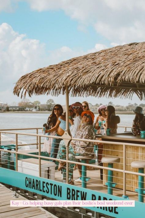 a boat day is a must for your Charleston bachelorette party! I'm sharing the four best party boats in Charleston for any vibe! | Kay + Co: Charleston bachelorette party ideas + decor services Bourbon Street Bachelorette Party, Charleston Sc Bachelorette Party Theme, Charleston Bachelorette Party Theme, Bachelorette Party Ideas Decor, Bachelorette Party Locations, Party Boats, Charleston Bachelorette Party, Charleston Bachelorette, Bach Weekend