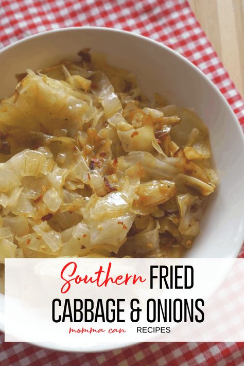 Southern Fried cabbage and onions is a simple side dish that is a must have in your dinner recipe box. Make this recipe vegan using olive oil and no bacon! The red pepper flakes give it an extra zip and make the dish extra pretty. Grab this recipe and make it tonight for supper! Fried Cabbage And Onions Recipes, How To Fry Cabbage Recipes, Cabbage Potato Onion Recipes, How Do You Cook Cabbage, Cabbage Onion Recipe, Fried Cabbage And Onions, Cabbage And Onion Recipes, Cabbage And Onions Sauteed, Sauteed Cabbage And Onions