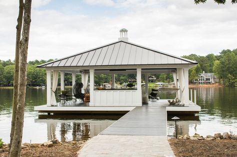 Lake Gaston Waterfront Retreat | Heather Garrett Interior Design | HGTV Lake Docks Designs, Lake Dock, Lakefront Living, Lakefront Property, Lake Time, Quality Family Time, Lake House Plans, Modern Style House Plans, Guest Cottage