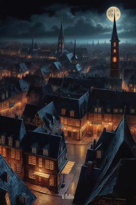 Halloween night in an old fictional city similar to London, Paris, Stockholm, Copenhagen, Munich, Bremen, Rome, Venice, Old New York. And what is Halloween night like in your city? Pumpkin under your door! Cityscapes At Night, Urban Fantasy City Concept Art, Magical City Art, Walled City Fantasy Art, Fantasy Urban City, Fantasy Night Landscape, Fantasy City At Night, Fantasy City Night, Gothic Fantasy City