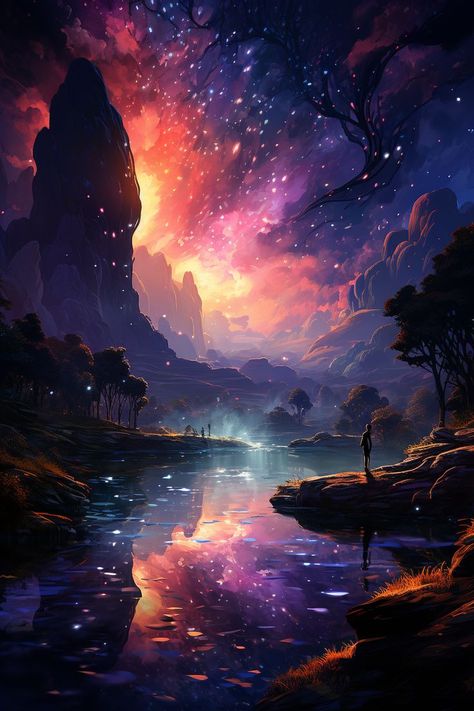 This stunning fantasy landscape art features a majestic starlight into a tranquil pool. The image is full of magical details, from the glowing stars to the lush vegetation. It's the perfect background for your Pinterest boards or to use as a wallpaper. This image would be a great fit for boards on fantasy art, nature, or wallpaper. You could also use it to promote your own artwork or to inspire others to create their own fantasy landscapes. Ethereal Waterfall, Fantasy Landscape Art, Mystic Backgrounds, Art Ethereal, Wallpaper Fantasy, Landscape Digital Art, Art Niche, Pool Art, Cupid And Psyche