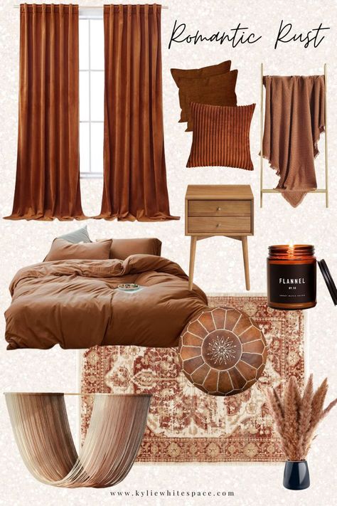 Rust Orange Neutral Interior Mood Board Burnt Orange Rooms, Burnt Orange Living Room Decor, Orange Interior Design, Burnt Orange Bedroom, Interior Mood Board, Guest Room Paint, Burnt Orange Living Room, Copper Bedroom, Mens Bedroom Decor