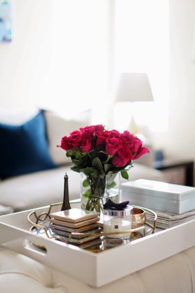 Elegant tray styling. Ottoman coffee table vignette | Arianna Belle home. With Mirror, Red Coffee Tables, Coffee Table Vignettes, Elegant Tray, White Couch, Tray Styling, Ottoman Coffee, Coffee Table Decor, Coffee Table Tray